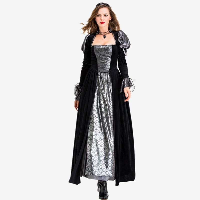 Elegant gothic vampire queen costume black velvet gown featuring a black and silver medieval-inspired design with a velvet bodice, metallic patterned skirt, and puffed sleeves.
