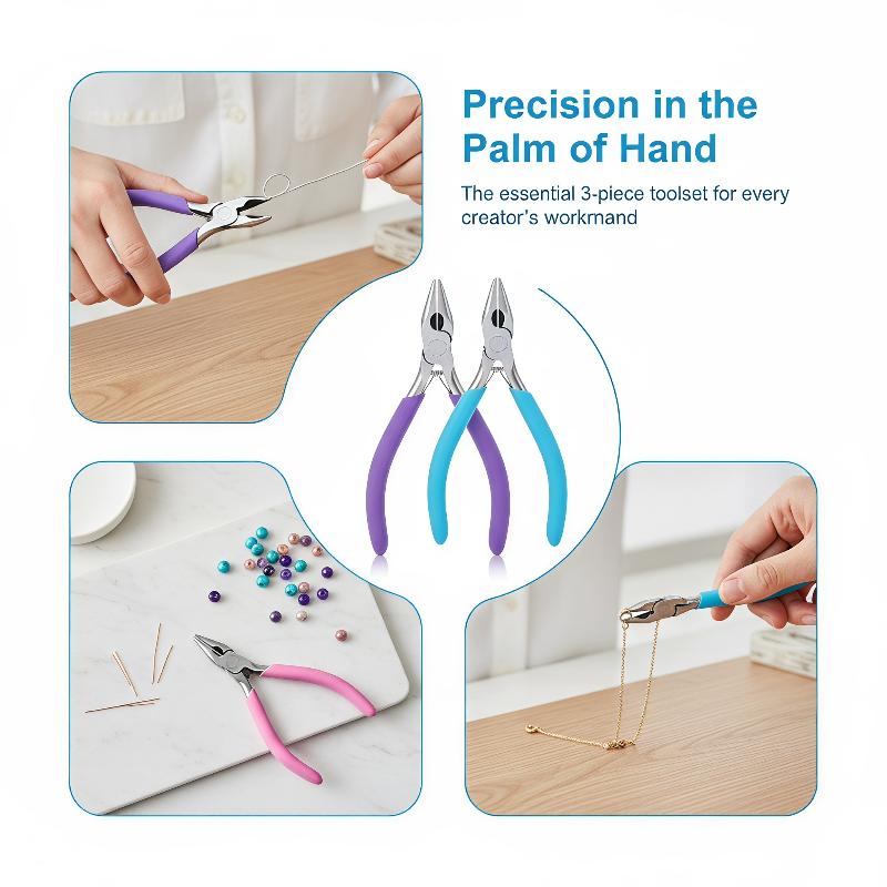 Ensemble de trois pinces à bijoux avec des poignées ergonomiques violettes et bleues et des mors en acier inoxydable pour un travail et des réparations précis.