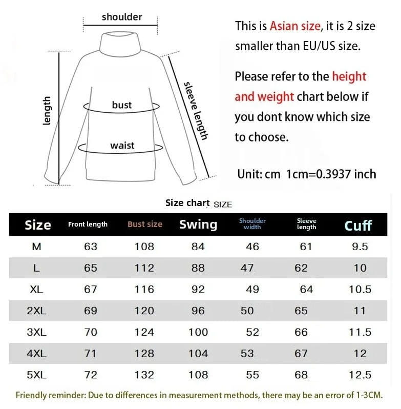 Esta es una tabla de tallas para una chaqueta cortavientos ligera para hombre de talla asiática con cuello vuelto, que muestra medidas en centímetros para las tallas de M a 5XL.