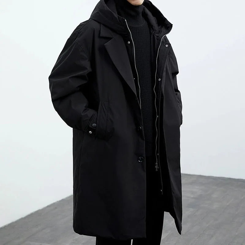 Winter New Korean Style Men Hooded Long Coat Faux Two Piece Trench Coat Parka Jacket Plus Size Warm