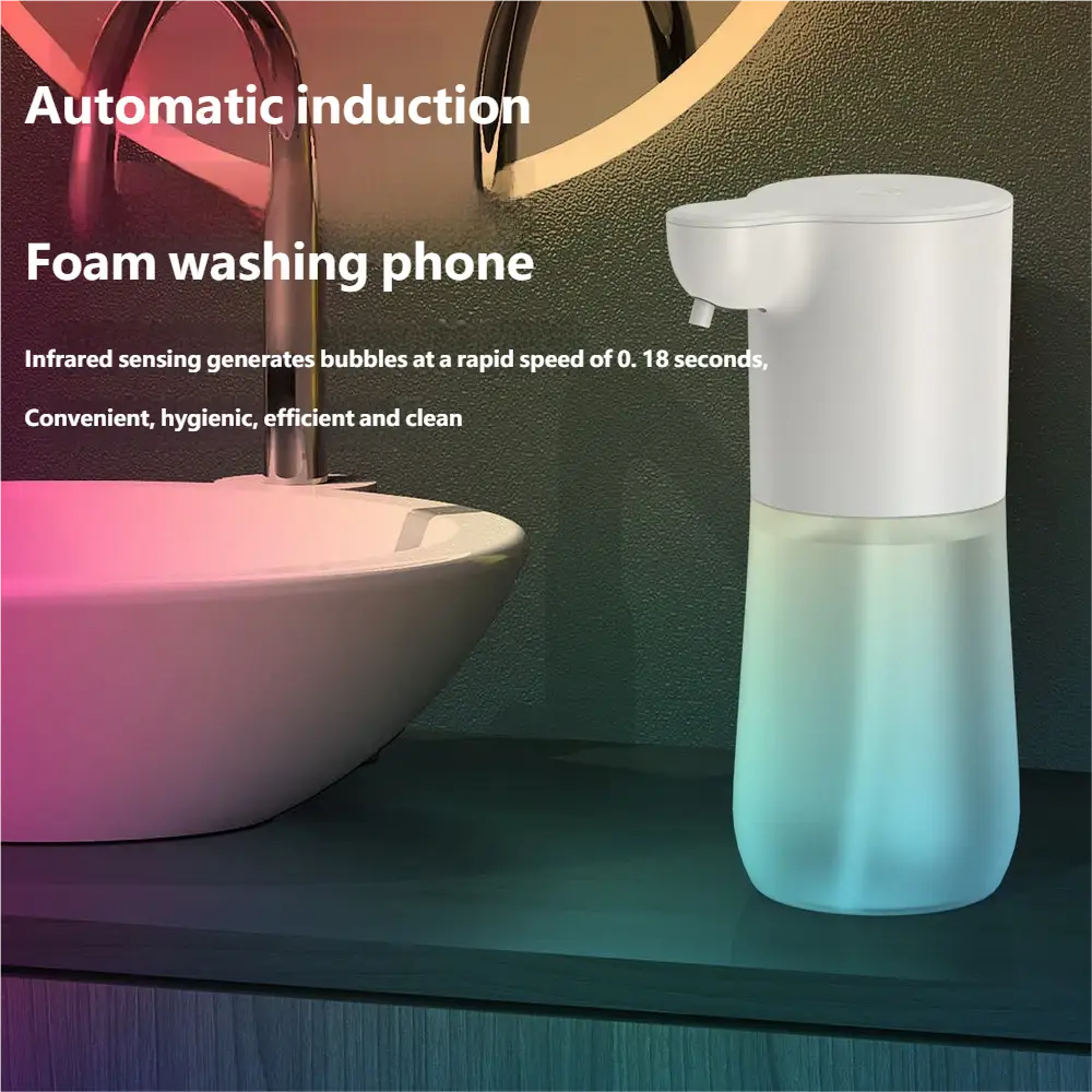 white and translucent blue automatic soap dispenser with 350ml capacity and foam bubble generation for hand soap use in a sleek modern design