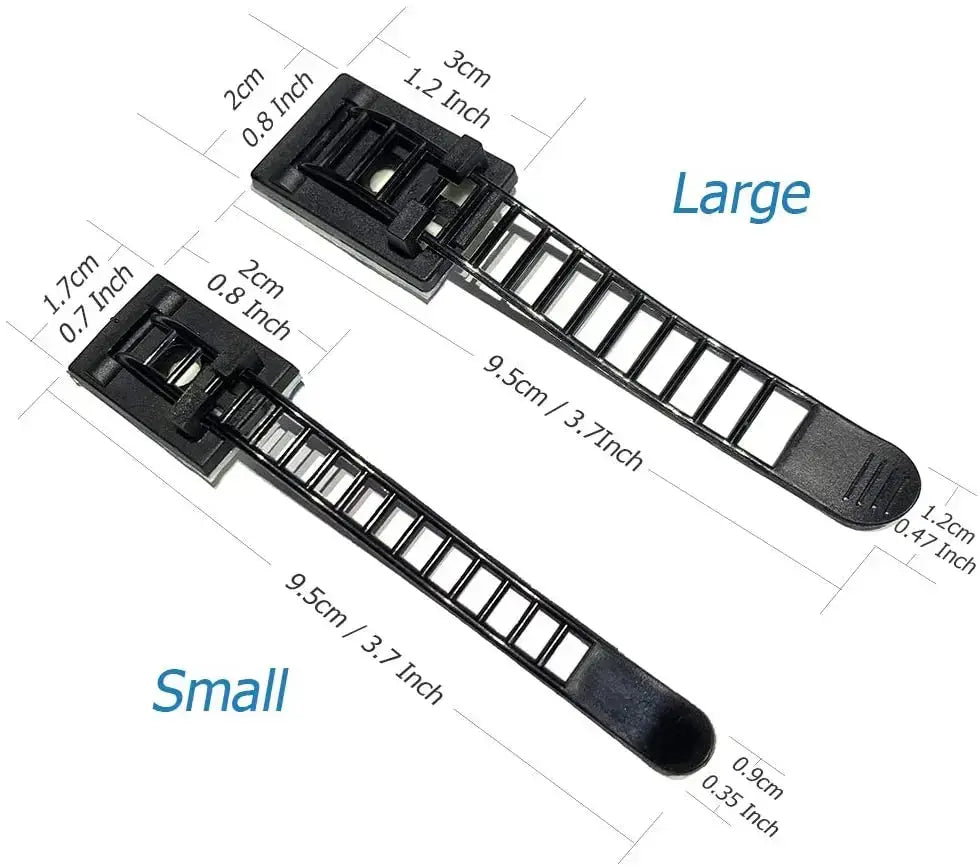 Bridas de plástico negro para cables, una grande y otra pequeña, con extremo de agarre texturizado para abrazaderas ajustables con soporte para brida para cable; organizador de cables autoradhesivo.