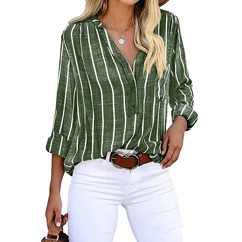 Green and white vertically striped button-down blouse with rolled-up sleeves made of polyester cotton from mainland China