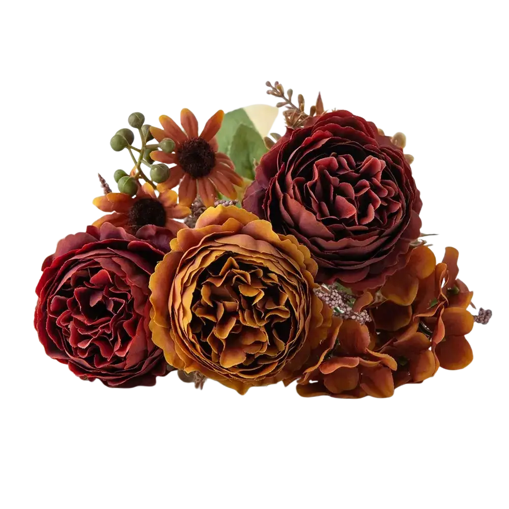 A bouquet of artificial flowers in burgundy and amber silk Persian peony for home decoration and send flowers gifts