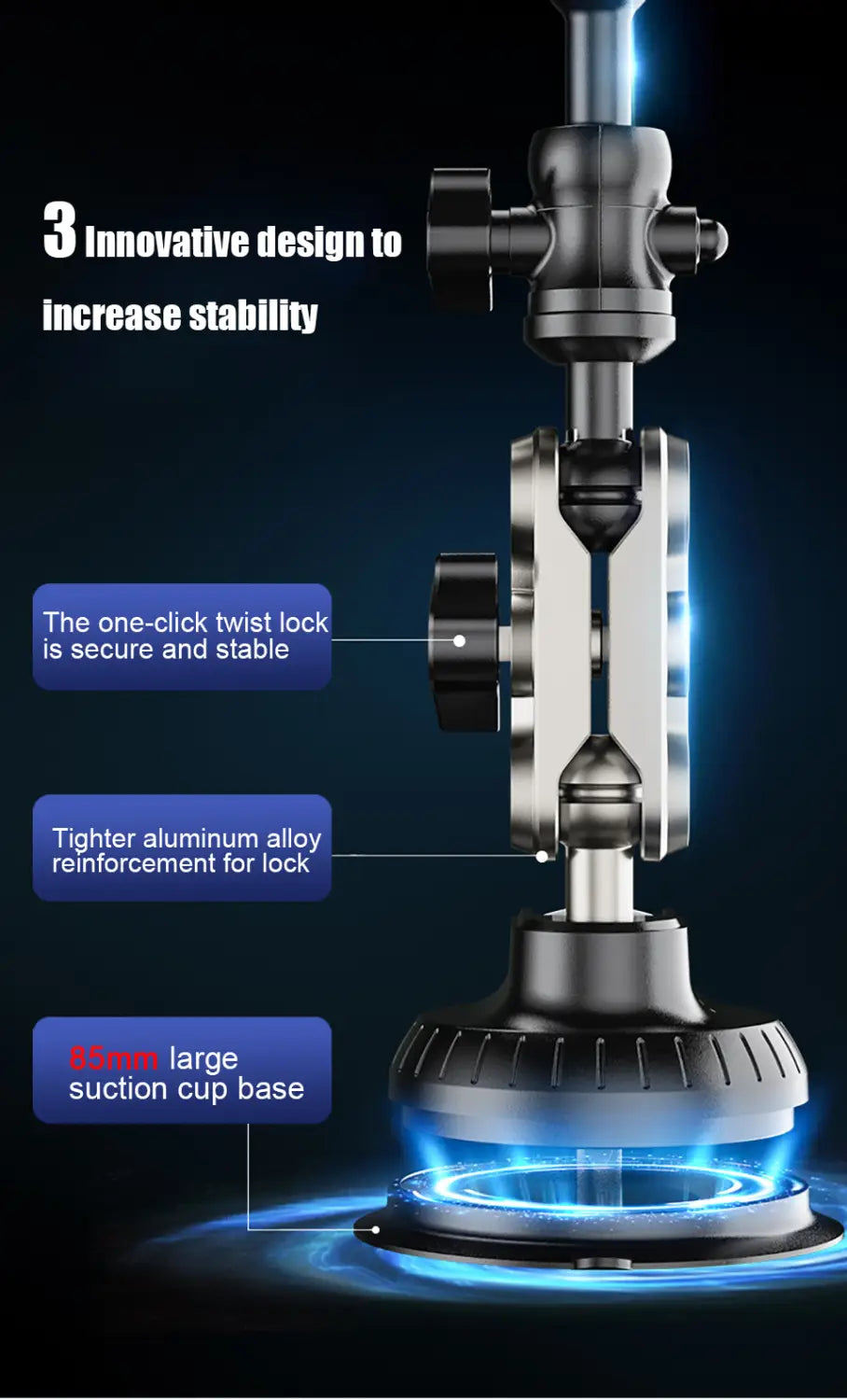 Black and silver tripod-style camera stabilizer with a large 85mm suction cup base designed as a tablet holder suction cup windshield mount for similar size devices.