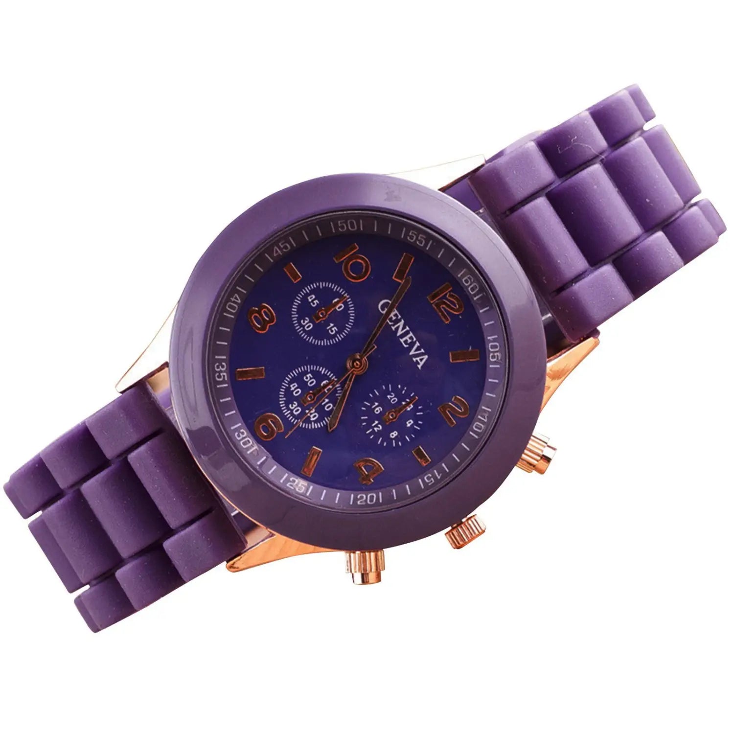 Women silicone quartz watch fashion chronograph in purple with a blue dial gold-tone accents and a silicone strap.
