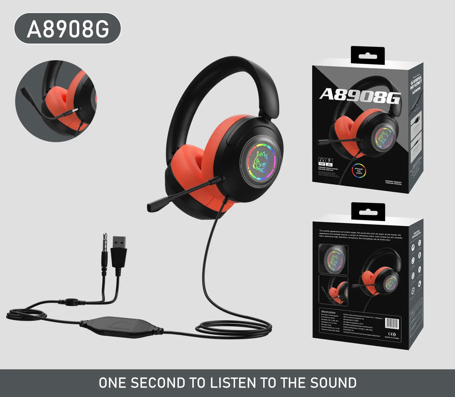 Auriculares para videojuegos color negro y naranja con micrófono e iluminación RGB; presentan un diseño circular luminoso en la copa y una conexión USB con cable como característica clave del producto de auriculares originales con cable.