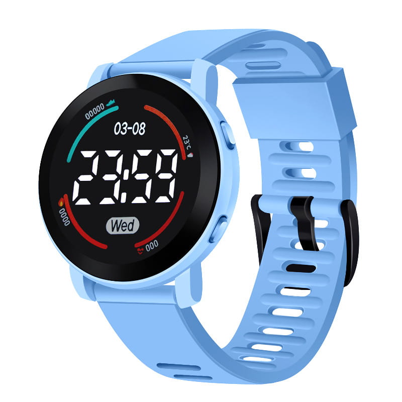 Light blue silicone girls digital sports watch with black digital display showing time date and temperature waterproof LED wristwatch.