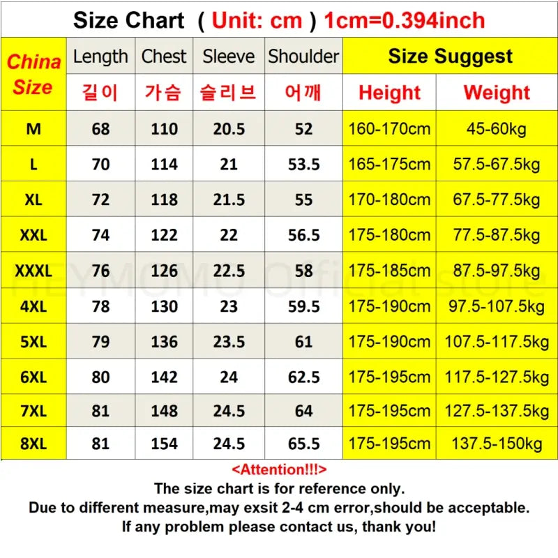中国サイズMから8XLの身長・体重の目安と、半袖シャツ8XLのプラスサイズヒップホップ半袖シャツの採寸（センチメートル）を示すサイズ表。