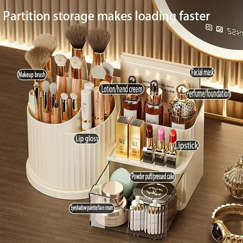 Cream-colored ribbed plastic makeup organizer with brush holder featuring tiered compartments for large capacity skincare brushes lip glosses perfumes and cosmetics.