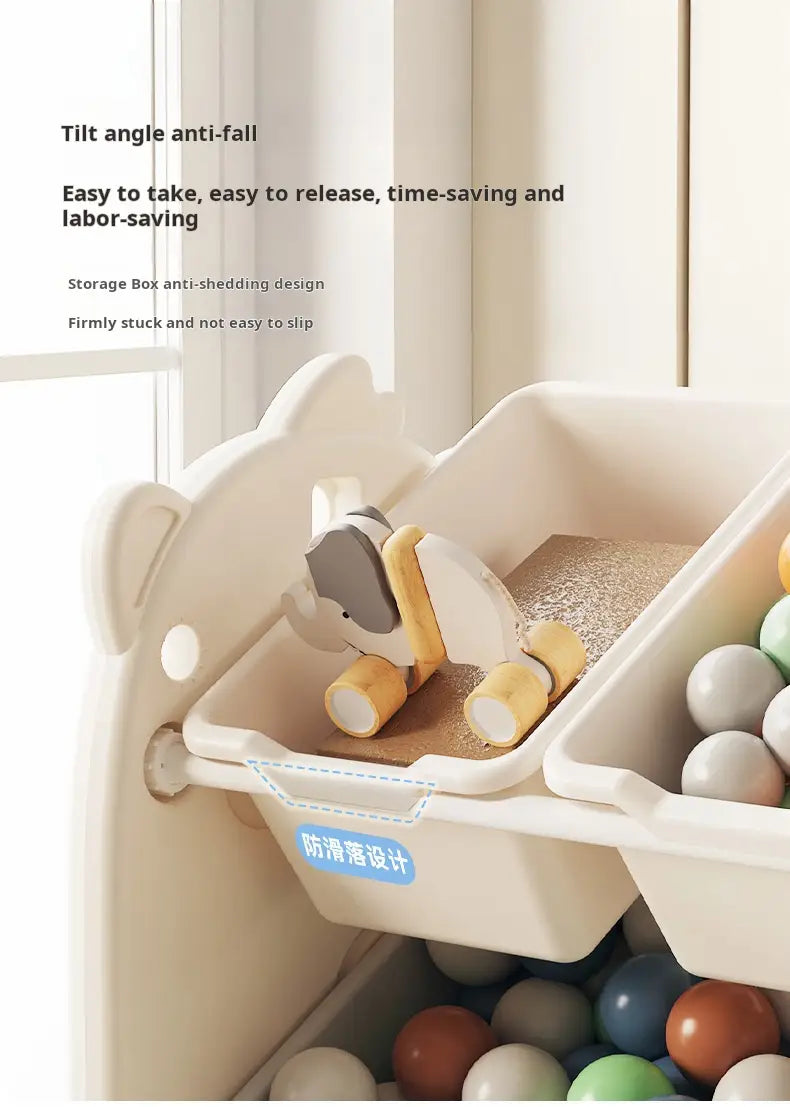 Étagère de rangement pour jouets pour enfants en plastique beige, avec un design d’oreilles d’ours et une fonction d’inclinaison anti-chute, pour un rangement multi-étages des jouets bien organisé.