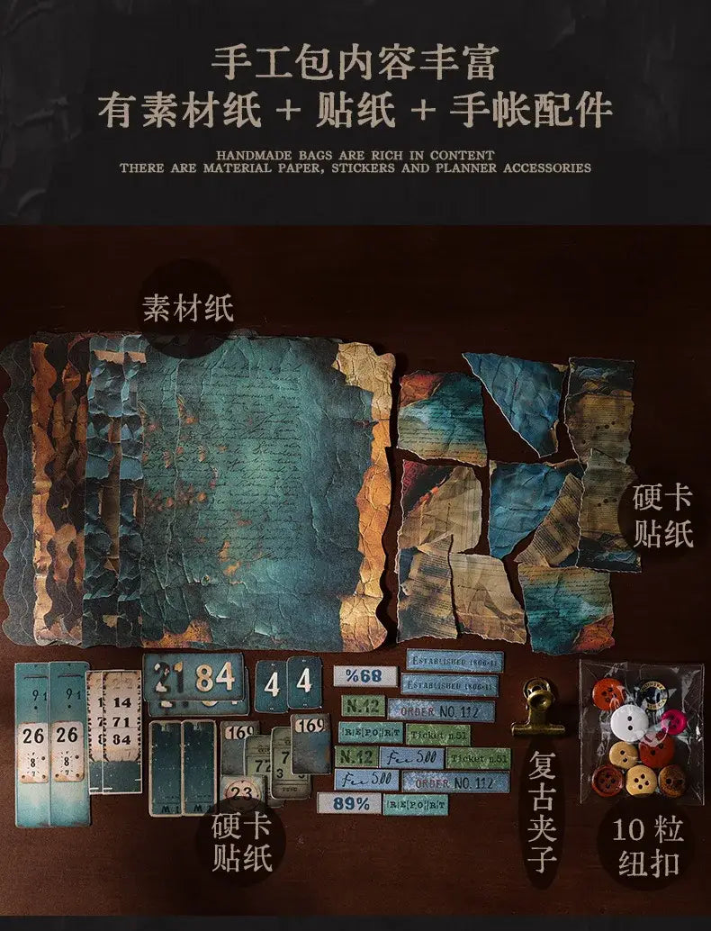 a vintage junk journal scrapbook supplies pack featuring handmade bag accessories including textured blue and brown paper, vintage-style stickers with numbers and text, colorful buttons in a clear plastic pack, and metallic clasps