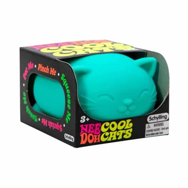 A teal silicone cat-shaped sensory fidget squishy toy with quick rebound displayed in a Schylling Nee Cool Cats box.