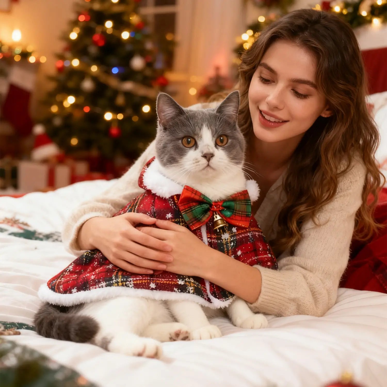 白いファートリムとお揃いの蝶ネクタイ付きの、赤いチェック柄・暖かなフリース製ペット用クリスマスケープを着用した、グレーと白の猫(クリスマス)