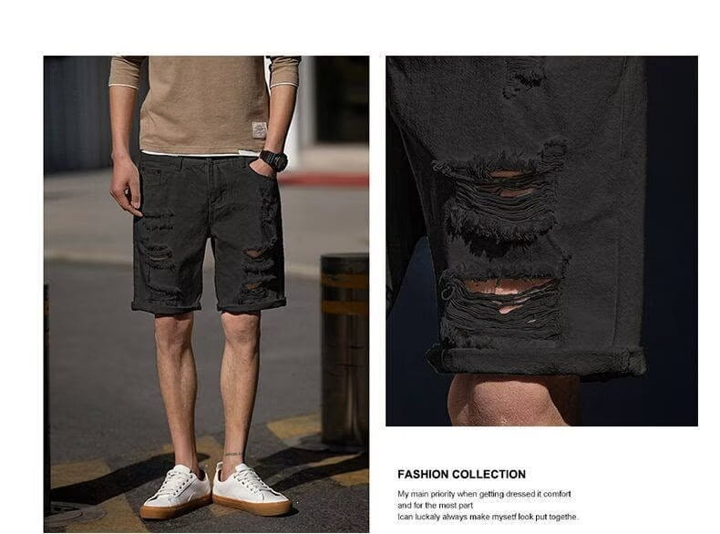 Short en denim noir délavé avec des bords effilochés et des détails déchirés pour le streetwear.