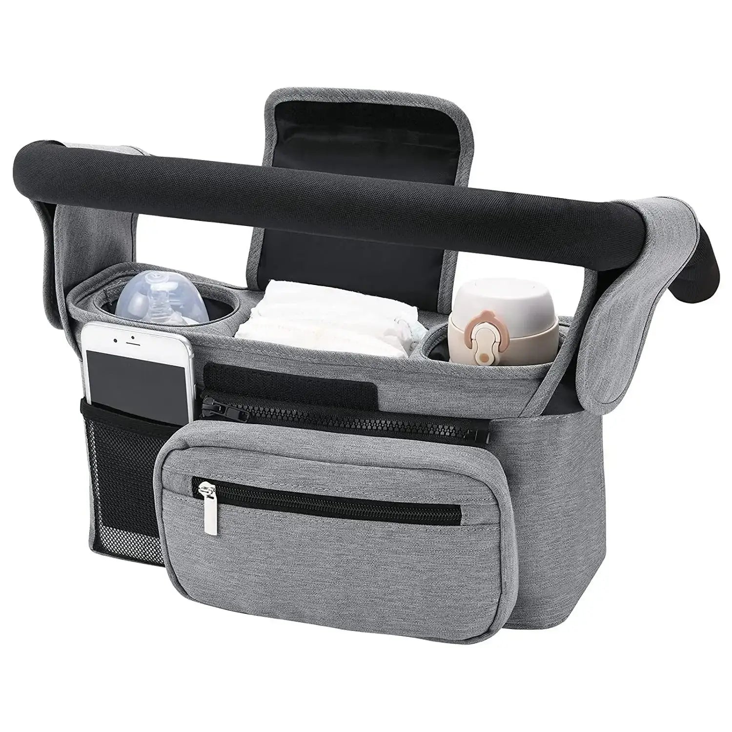 graue Stoff-Babywagen-Organizer-Tasche mit schwarzen Akzenten und mehreren Fächern zur Aufbewahrung von Babyutensilien in hoher Kapazität