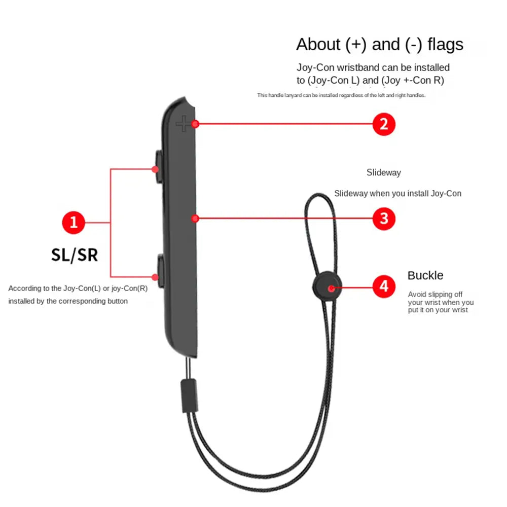 Black Nintendo Switch joy con wristband with textured grip and adjustable buckle shown from the back side for secure gaming control.