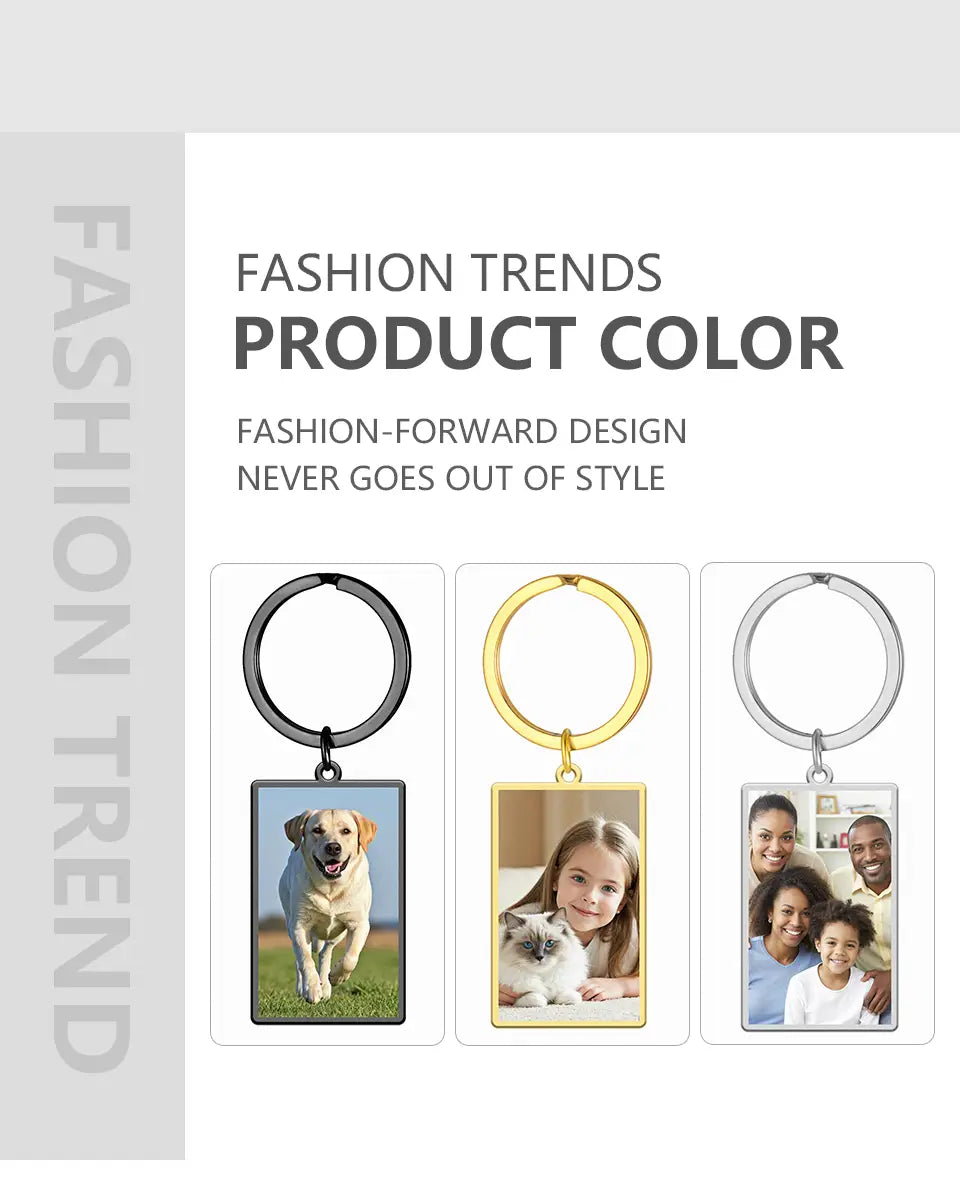 Rectangular photo keychain with a customizable image display and a personalized stainless steel metallic ring.