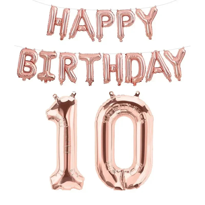 Guirnalda de globos de lámina color rosa dorado con "Cumpleaños feliz" y el número 10 para la decoración de fiestas de cumpleaños en el juego de globos de cumpleaños con números en rosa dorado.