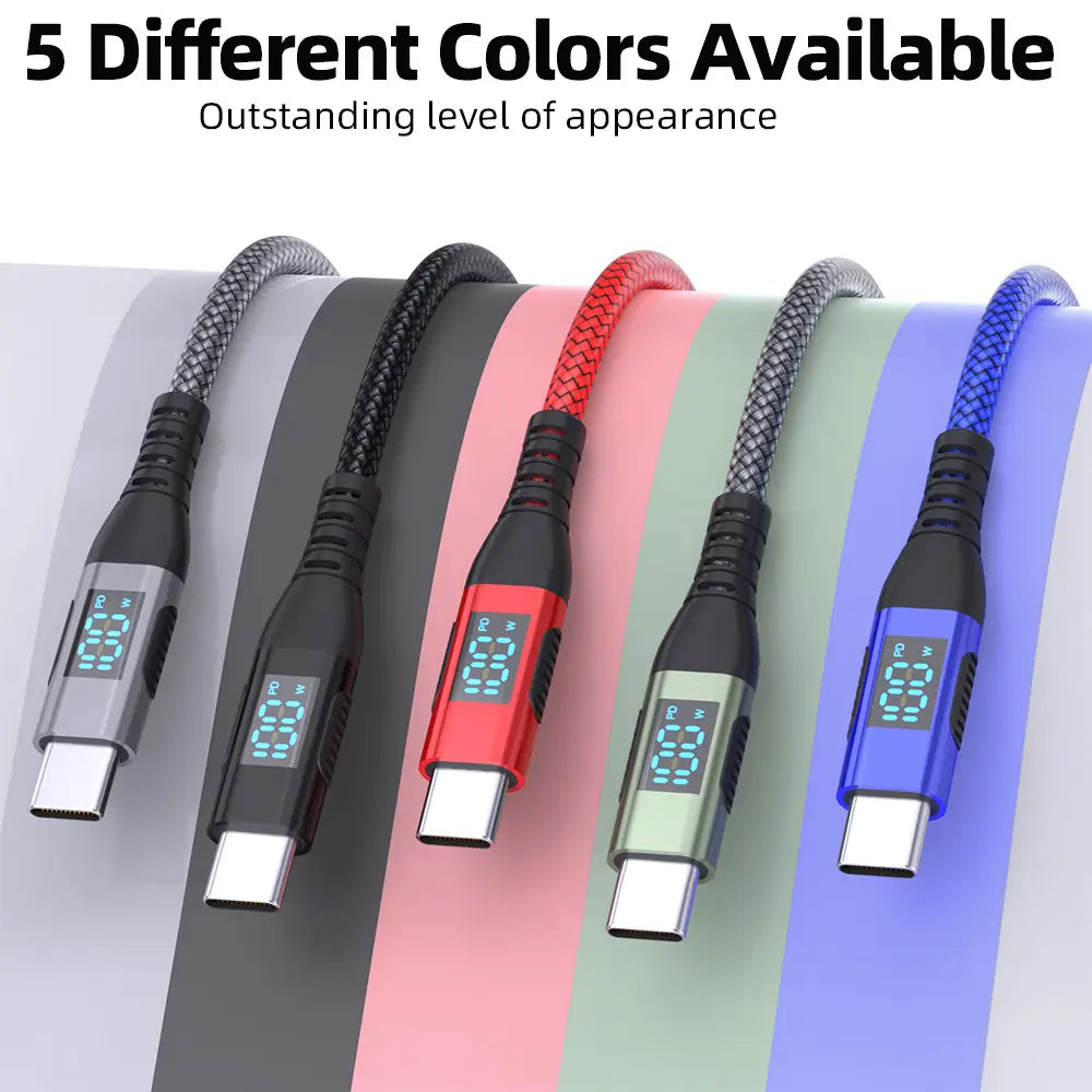 Five usb-c fast charging data transfer cables with braided fabric exteriors and led digital display connectors in black red gray green and blue.