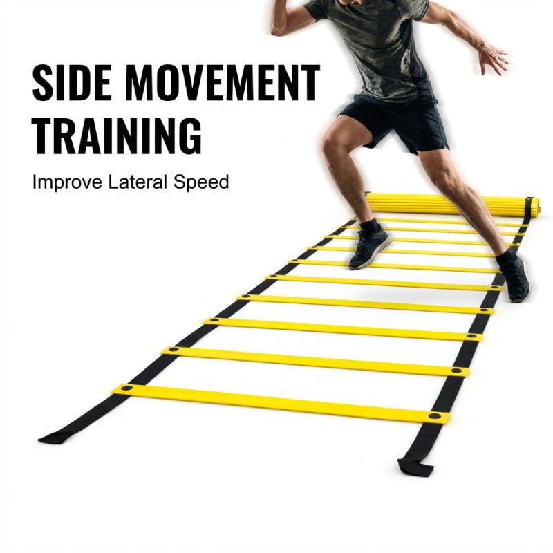 Gelbe und schwarze Agilitäts-Trainingsausrüstung Speed-Ladder mit Nylon-Gurten, ausgelegt für Übungen zur seitlichen Schnelligkeit und Beweglichkeitsübungen.