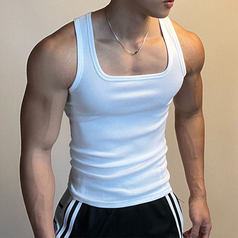 White ribbed men solid color casual tank top featuring a square neckline and fitted design available in sizes S to 5XL.
