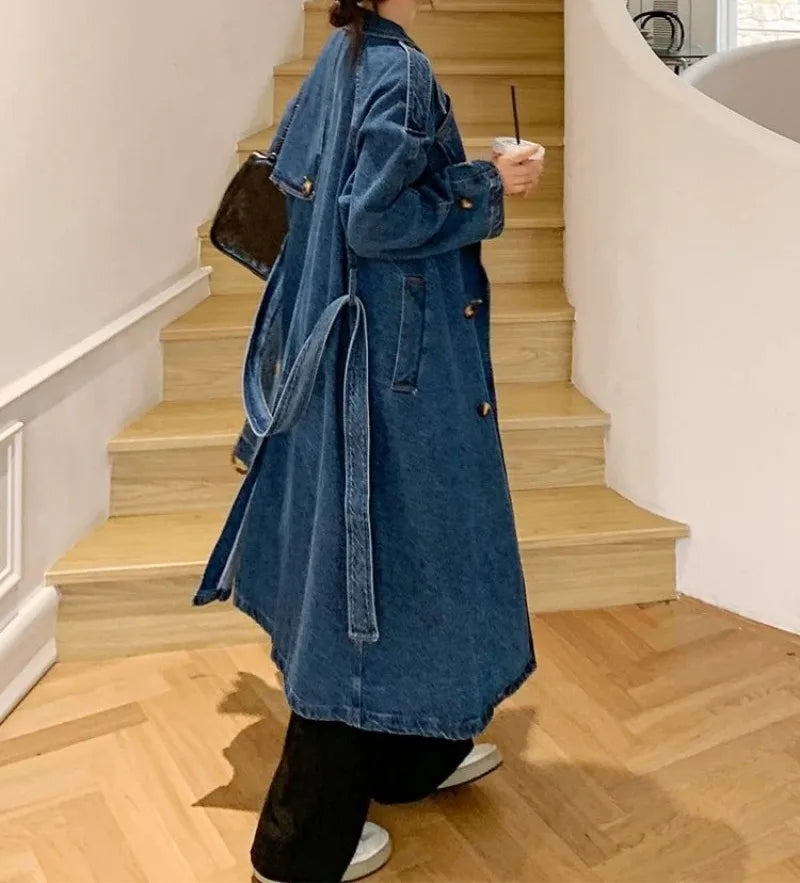 Minimally Casual Blue Denim Trench Coat for Women  2025 Autumn Mid Length Denim Jacket