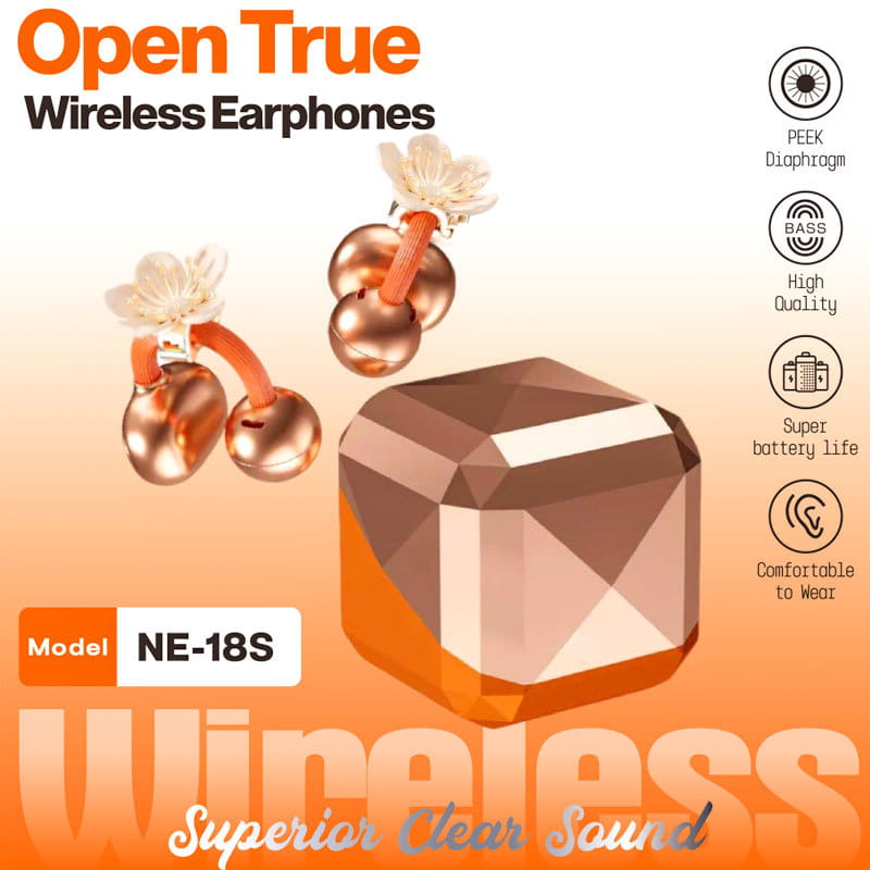 Roségoldene Bluetooth-TWS-Ohrhörer mit floralen Ohrring-Akzenten und passendem kompaktem, geometrischem Ladeetui mit Bluetooth-Version für eine praktische Anwendung.