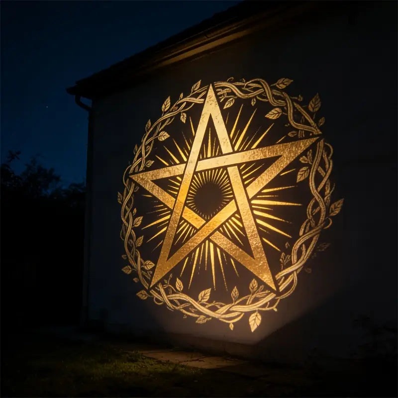 un pentagramme doré lumineux avec des lignes d’éclats de soleil rayonnants, encerclé par une couronne complexe de vignes et de feuilles entrelacées, dans une atmosphère lumineuse de projecteur, cartes de tarot, lampe