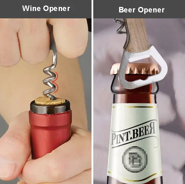 Tire-bouchon et ouvre-bouteille en argent, avec une poignée en bois, conçu comme des faveurs de mariage personnalisées en bois sous forme de tire-bouchon pour le vin et la bière.