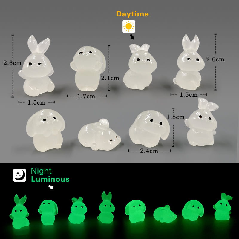 Set aus transparenten Resinfiguren mit Glow im Dunkeln in verschiedenen niedlichen Formen aus Hase und Wolke für Oster-Häschen-Resinfiguren in Miniaturausführung als Dekoration.