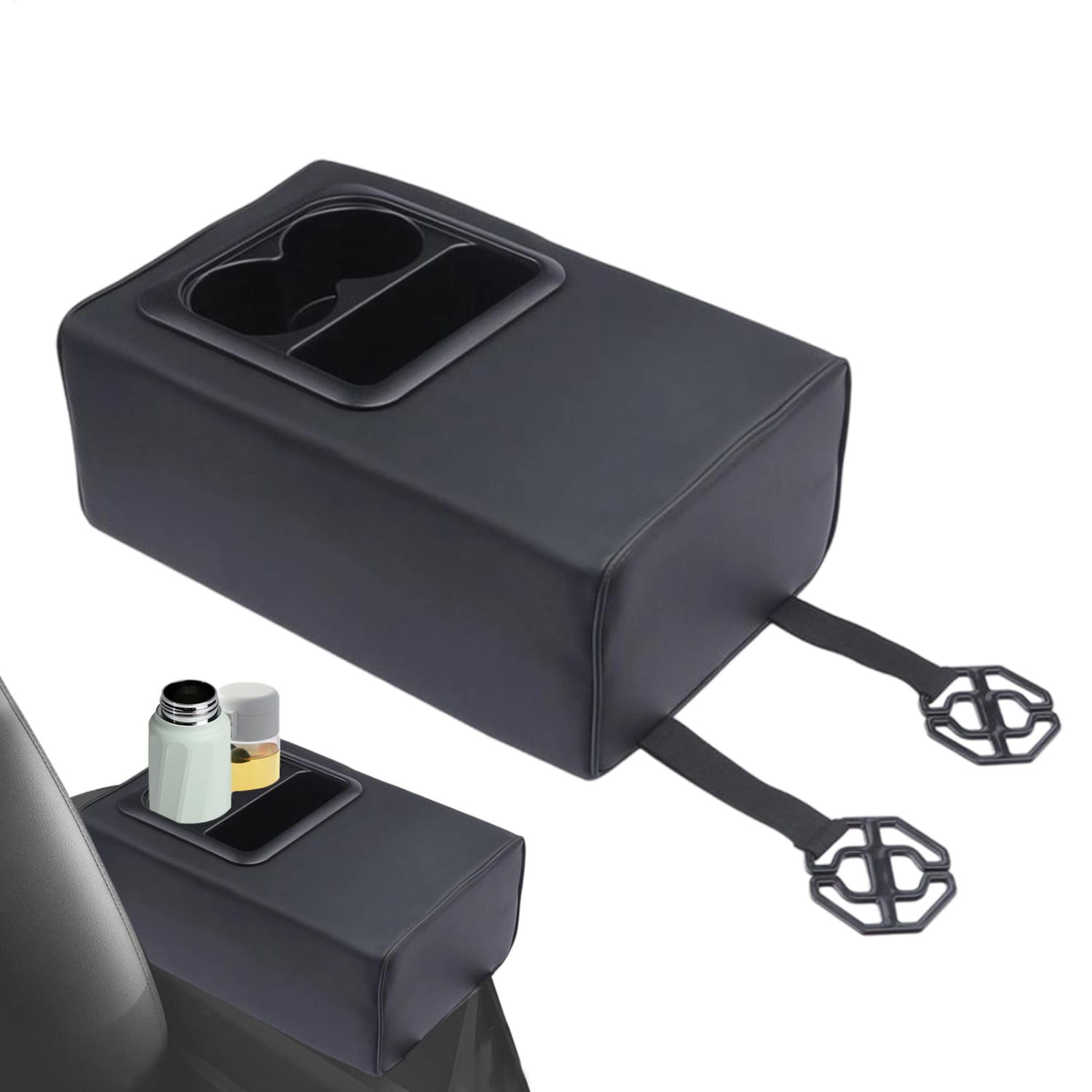 Organizador negro de cuero sintético para consola de automóvil con espuma viscoelástica para el reposabrazos, portavasos integrados y correas ajustables, mostrado desde el lado posterior.