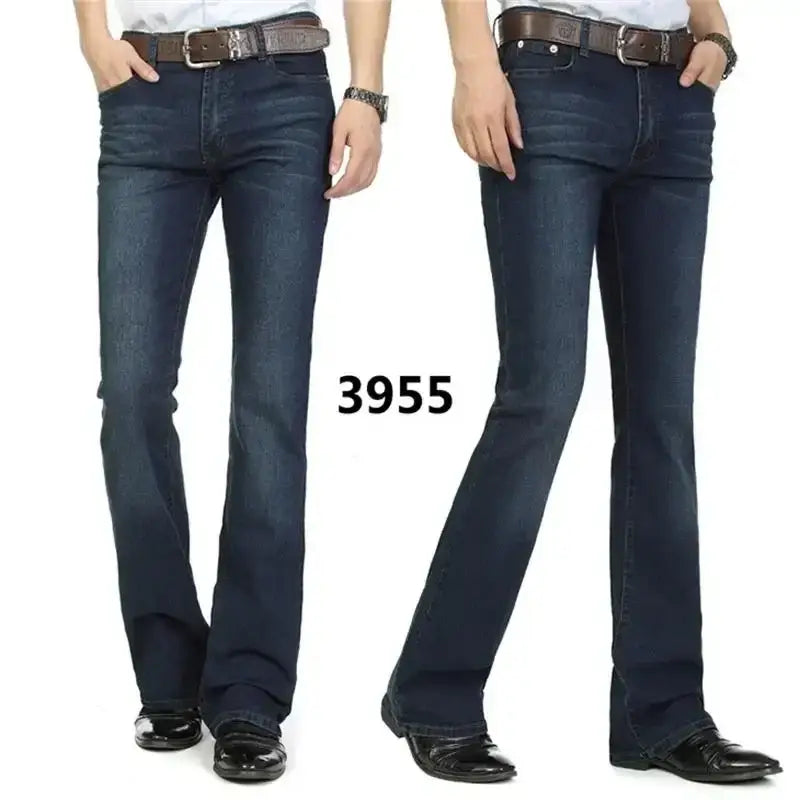 Men black flare denim jeans slim fit trousers in dark blue with a flared leg cut and brown leather belt.