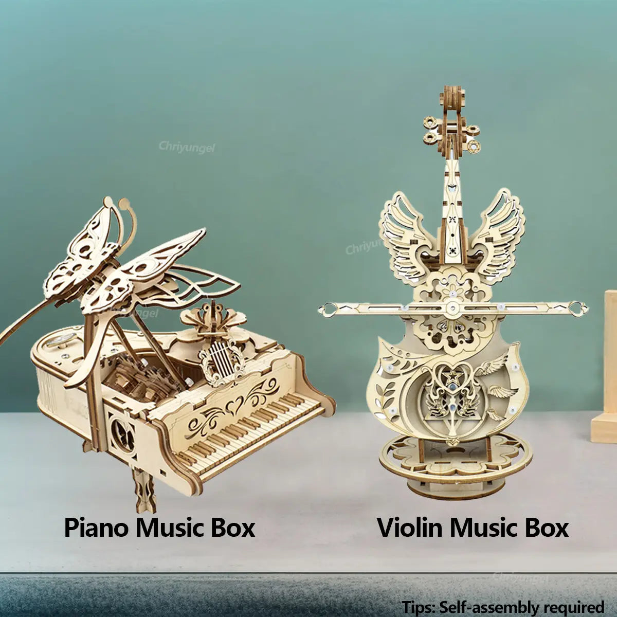 Eine elegante hölzerne Klavier-Musikbox und eine Violinen-Musikbox mit kunstvollen Ausschnittdesigns, die in einem 3D-Holz-Puzzle-Bastelset präsentiert werden.