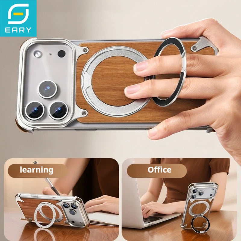 Eary Magnetic Wooden Case for iPhone 18 17 Pro Max Air for MagSafe Wireless Chargers 360°Rotate Stand Aluminum Solid Wood Shells