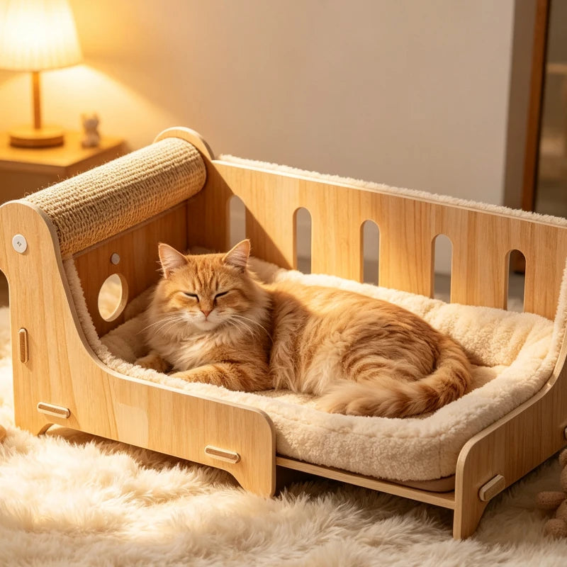 Large Wooden Cat Bed With Sisal Scratching Post Lounge Sofa Furniture For Indoor Pets Living Room Summer Cooling Pet Supplies