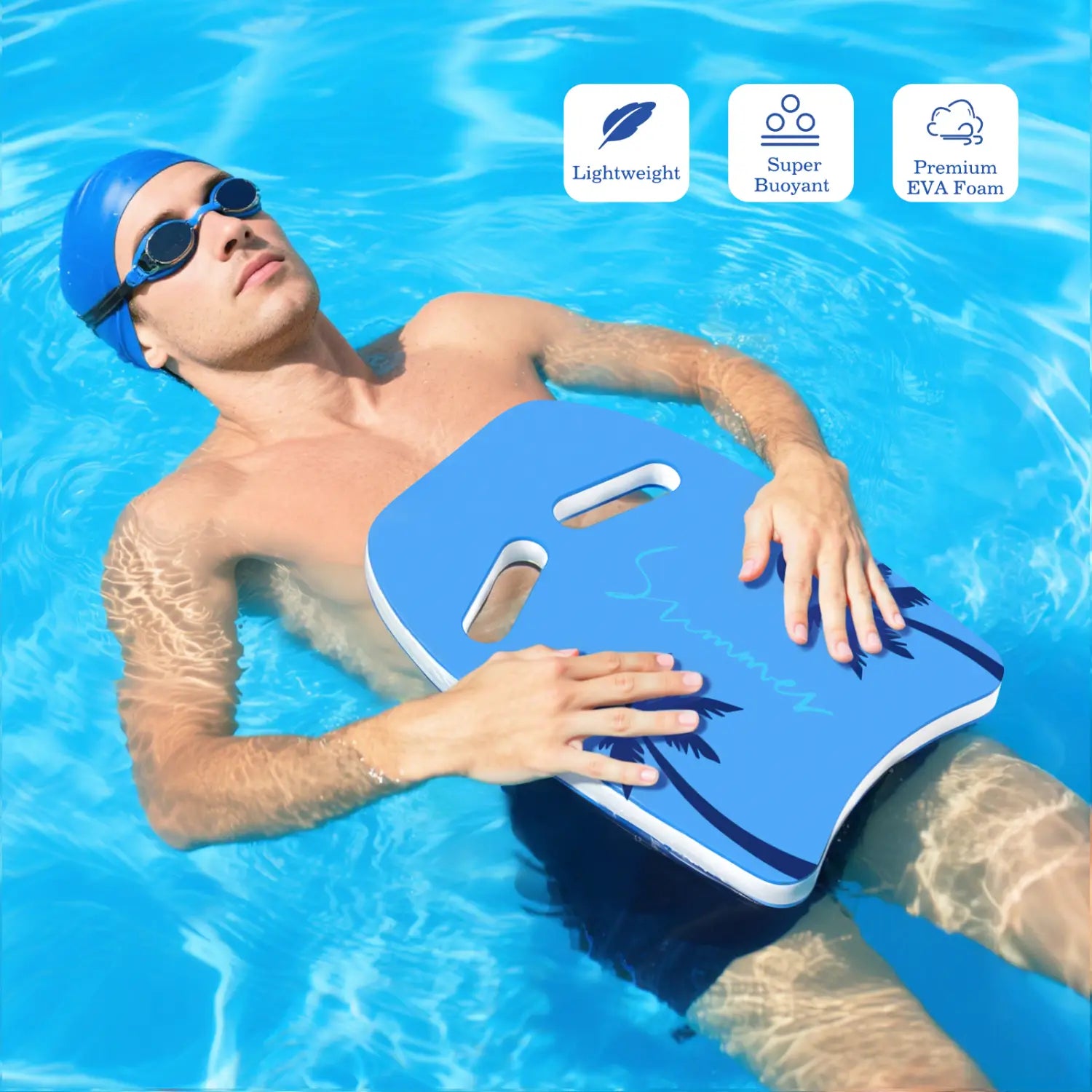 Blaues Erwachsenen-Schwimm-Kickboard mit Palmenmotiv aus hochwertigem EVA-Schaum für Training und Schwimmübungen.