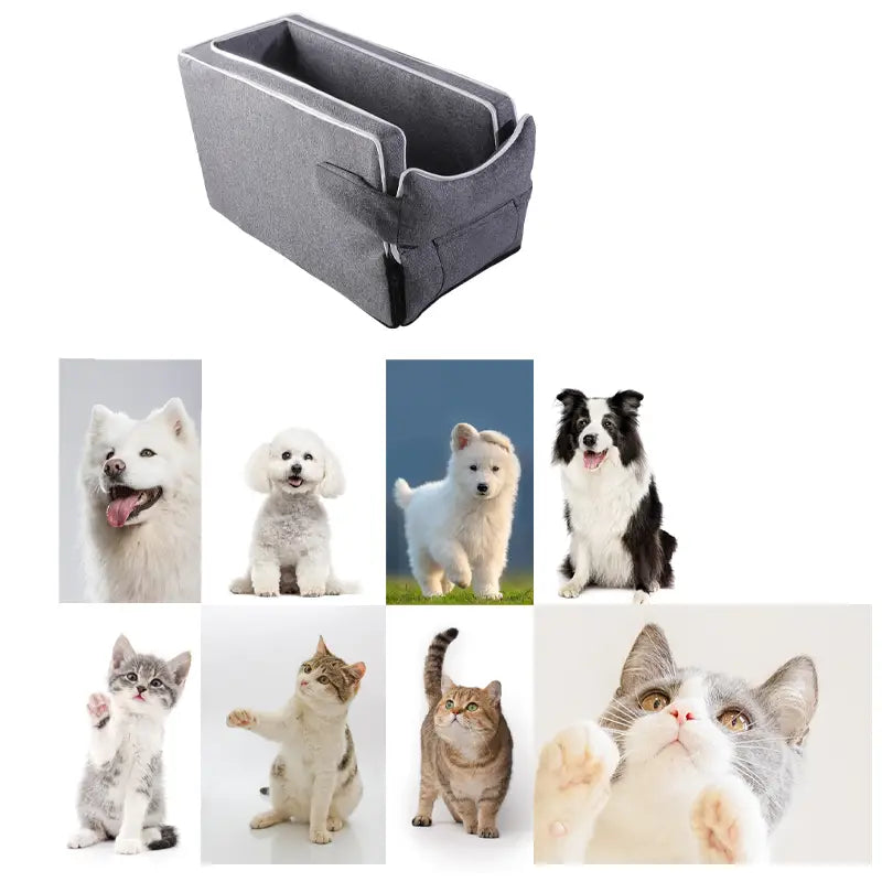 Gray fabric pet car console seat with soft cushioned interior and reinforced edges designed for small pets up to 5kg weight limit.