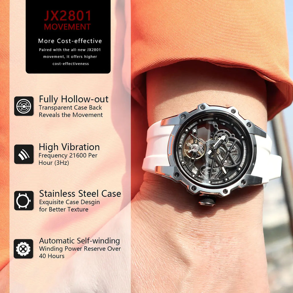 MEGIR Automatic Mechanical Sport Watch for Men Fashion Waterproof Luminous Wristwatch with Silicone Strap SKeleton Dial 2243
