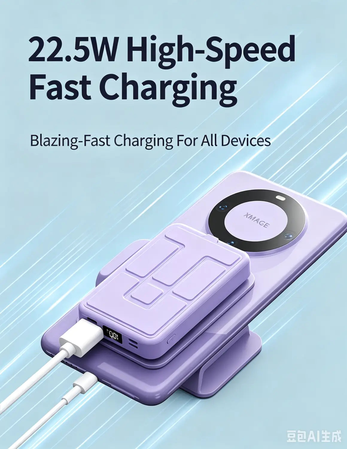 lavender-colored magnetic power bank with phone stand featuring wireless charging support and dual usb-c ports for fast charging power banks