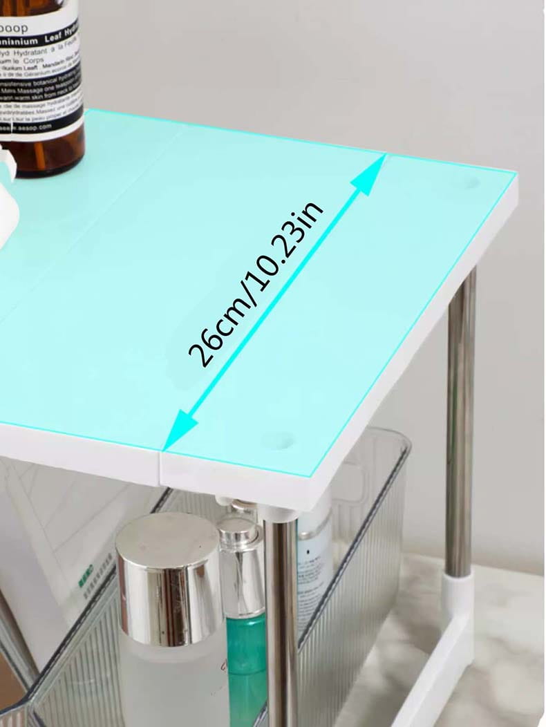 Étagère de séparation à couches télescopique réglable en acrylique translucide bleu clair, avec cadre en plastique blanc et pieds en acier inoxydable.