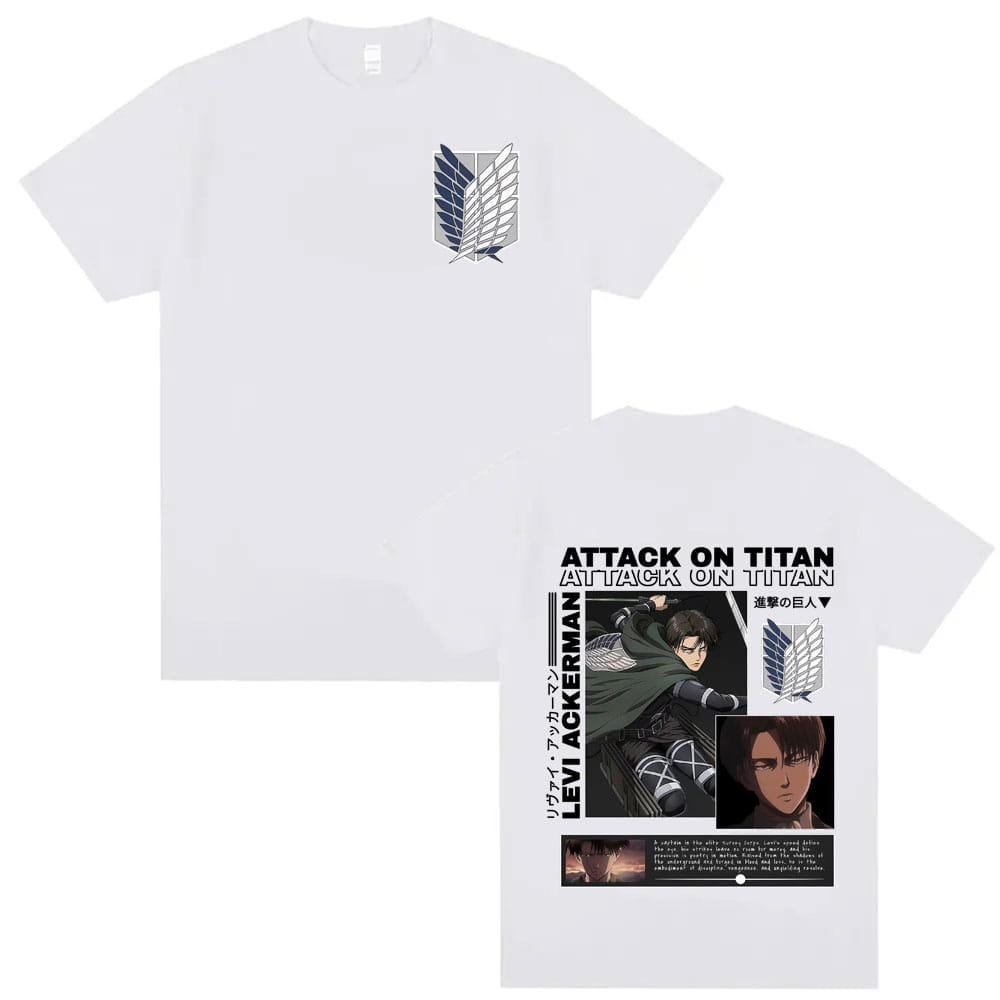White cotton t-shirt featuring a graphic print of Levi Ackerman from Attack on Titan with the show’s title and character details in black text for men.