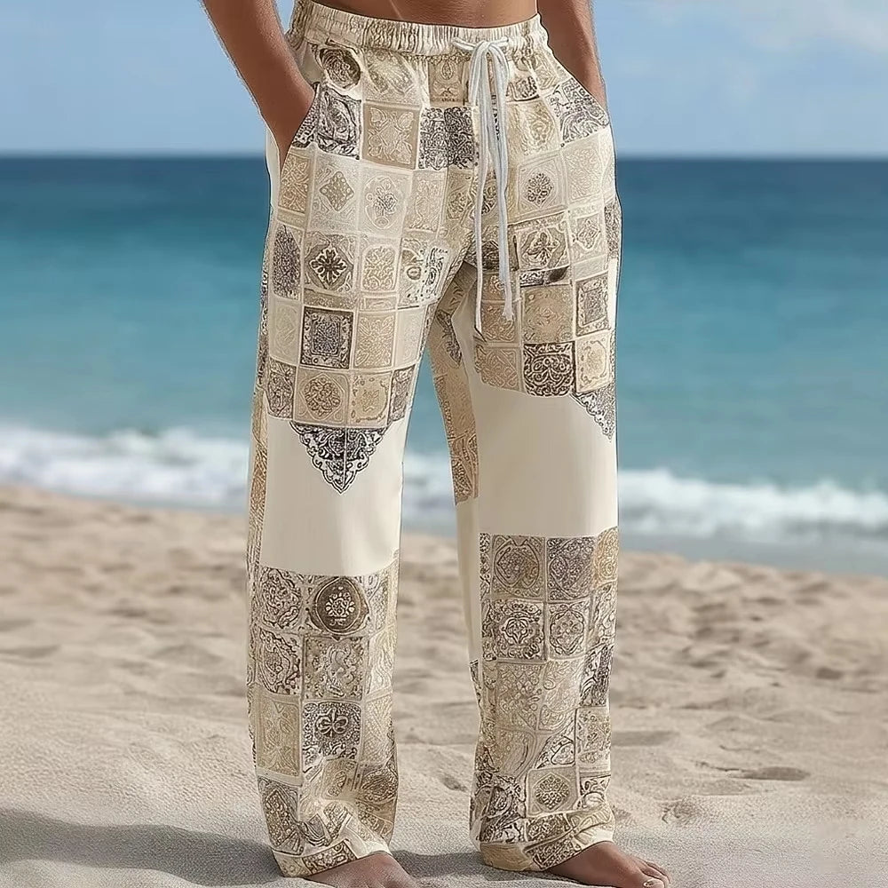 Men's Print Casual Pants Spring Summer Beach Vacation Loose Straight Trousers Drawstring Loungewear Pants Daily Wear Pants