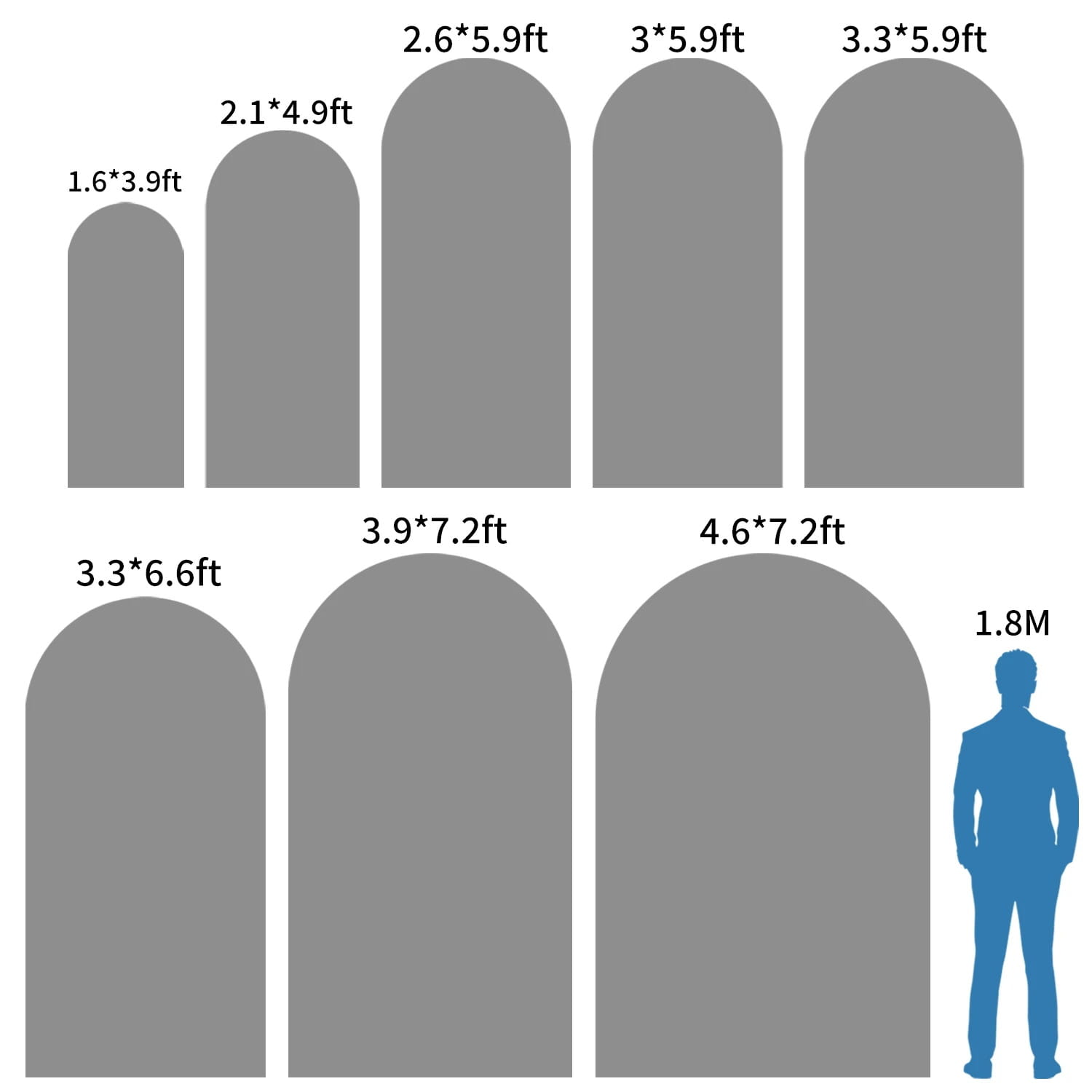 Gray arched tombstone size chart with human silhouette for scale featuring the pink bear Chiara arch backdrop designed for baby shower decorations.
