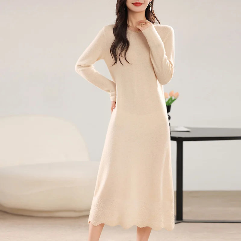100% Pure Wool Women's Long Dress Winter Loose Round Neck Pullover Sweater Skirt Knit Bottoming Dress