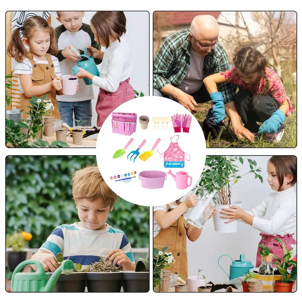 pink kids gardening set with assorted gardening tools and watering accessories for children
