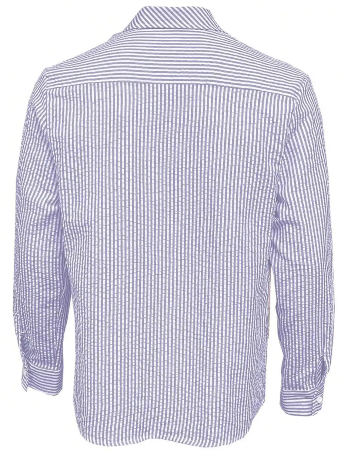 Chemise décontractée boutonnée manches longues à rayures bleues pour homme, avec un motif de fines rayures verticales bleu clair et blanc.