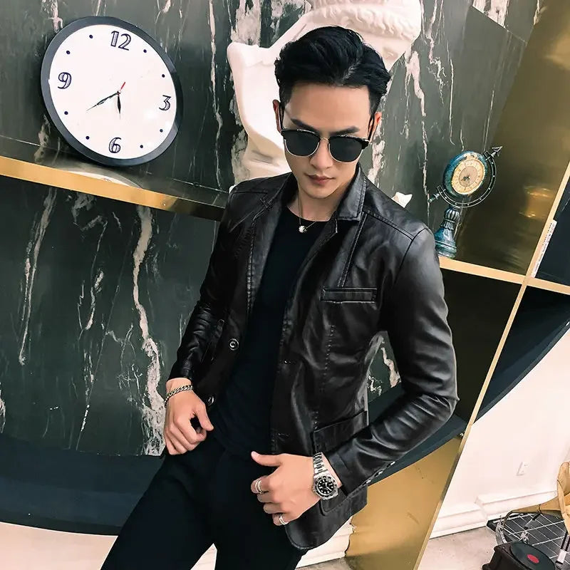 Leather Jacket for Men Thin Coats Slim Fit Spring Autumn Handsome Vintage Man Suits and Blazers Clothing Casual Clothes Original