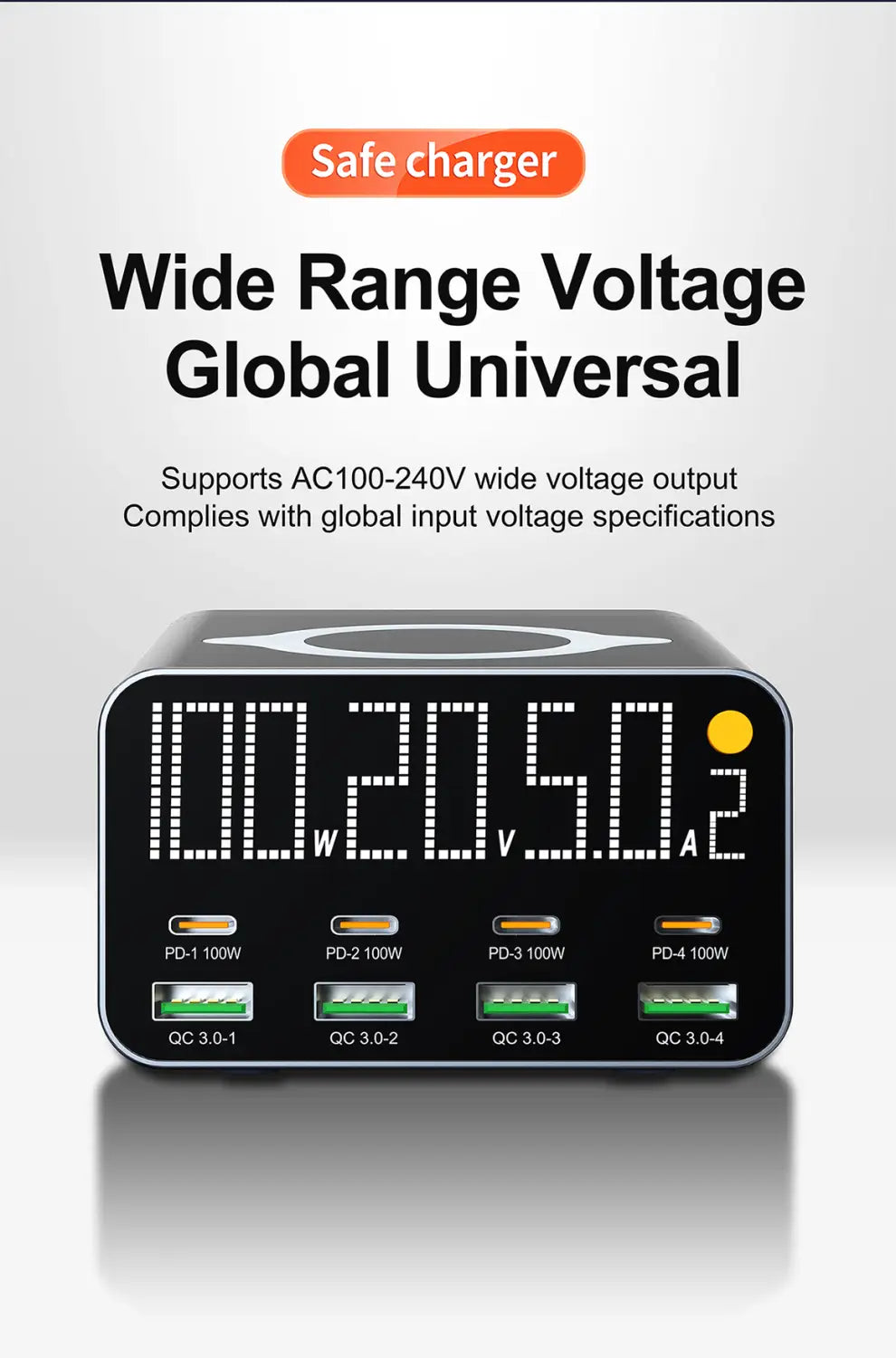 Station de charge noire rectangulaire USB Type-C 120 W, 8 ports, avec affichage numérique indiquant la tension et la sortie en courant, ainsi que quatre ports USB étiquetés pour différentes normes d’alimentation (Power Delivery).