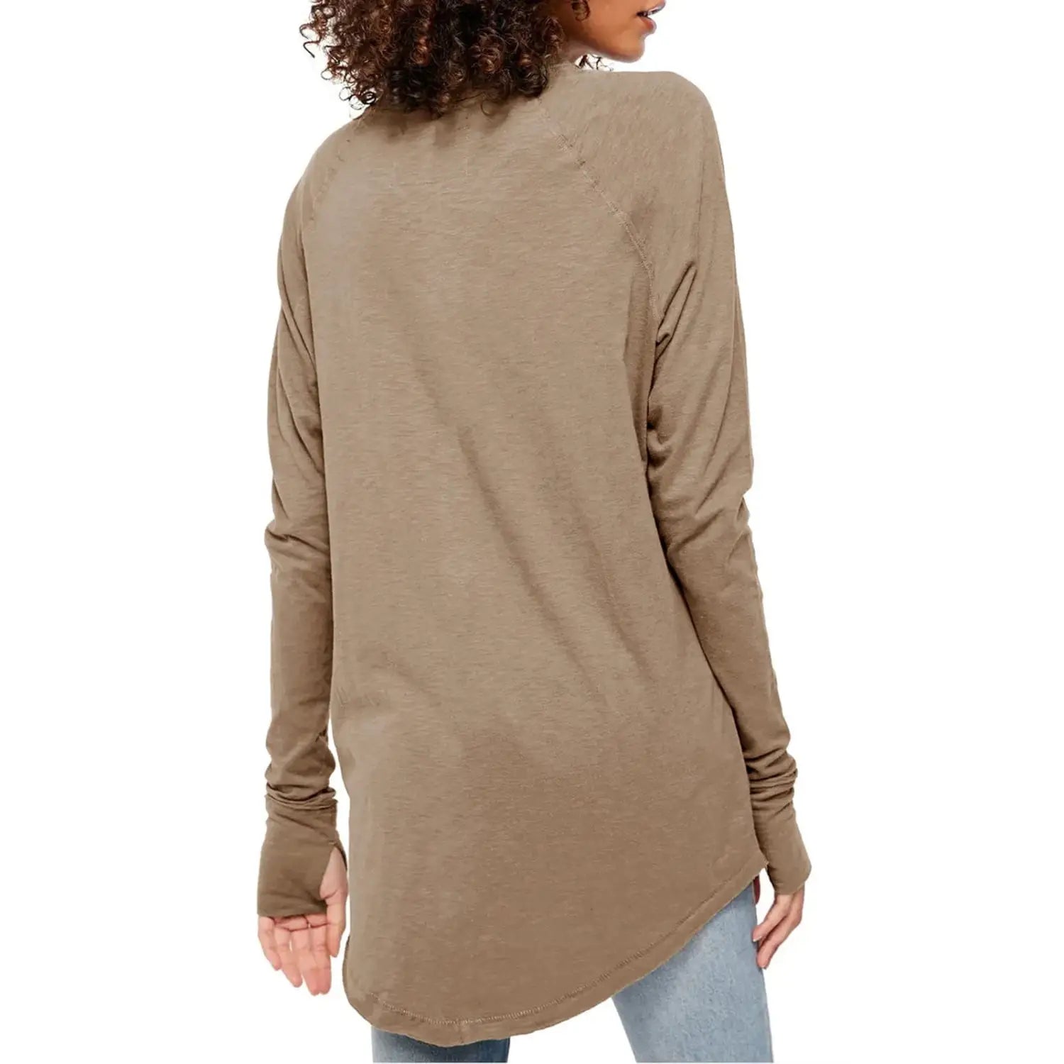 A soft taupe women long sleeve cotton tunic top featuring a relaxed fit, round neck, and asymmetrical hemline.